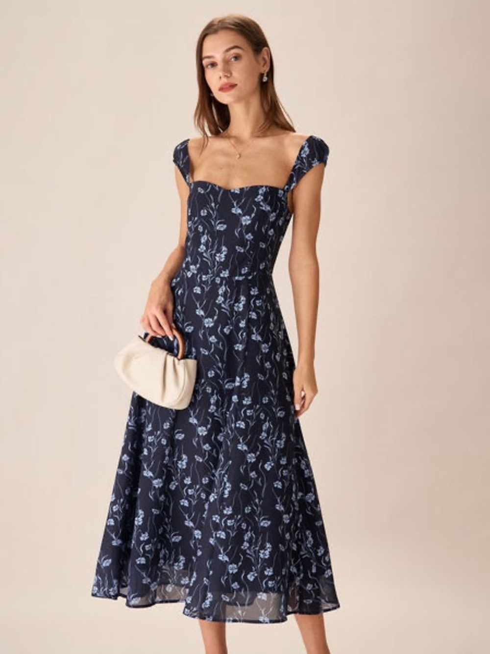 Reformation Bryson Navy and Light Blue Floral Midi Dress